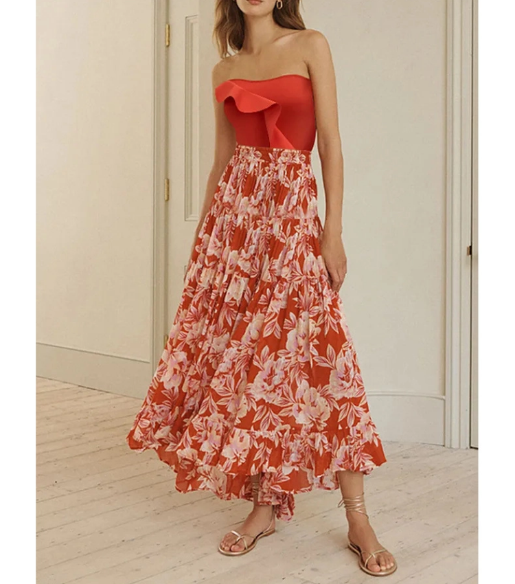 Off Shoulder Color Block Ruffle Decor One Piece Swimsuit and Skirt Flaxmaker