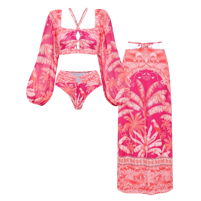 Long-sleeved Tropical Jungle Print Bikini Swimsuit and Sarong Flaxmaker