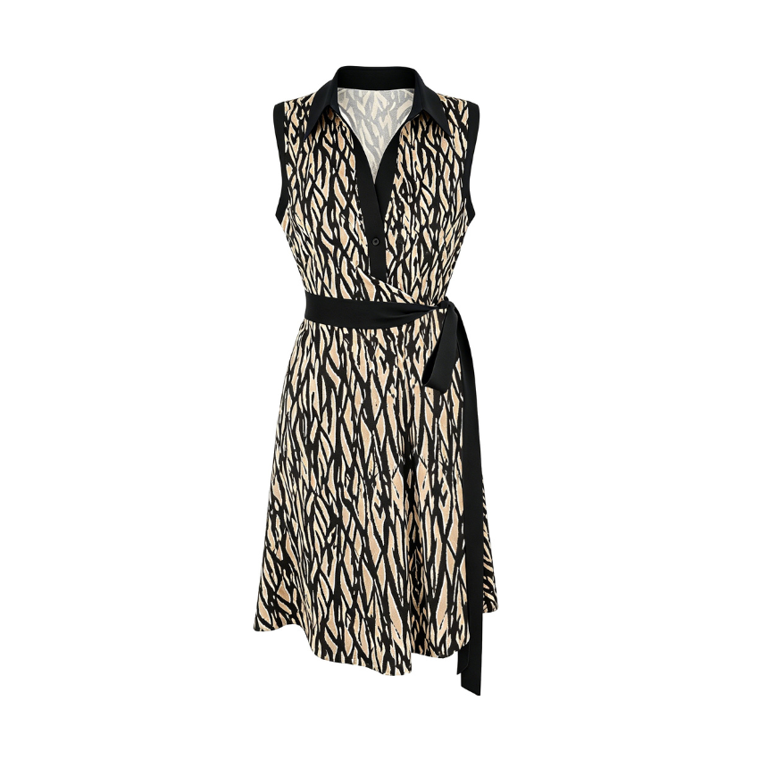 Beige Branch Print Collared Wrap Midi Dress