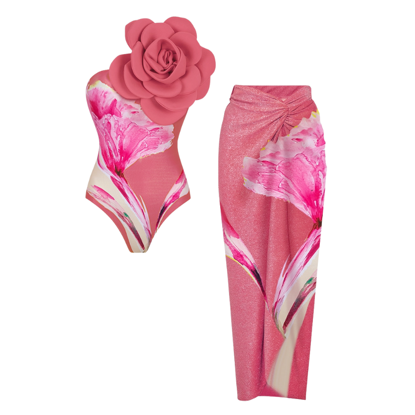 3D Flower Printed One Piece Swimsuit and Skirt