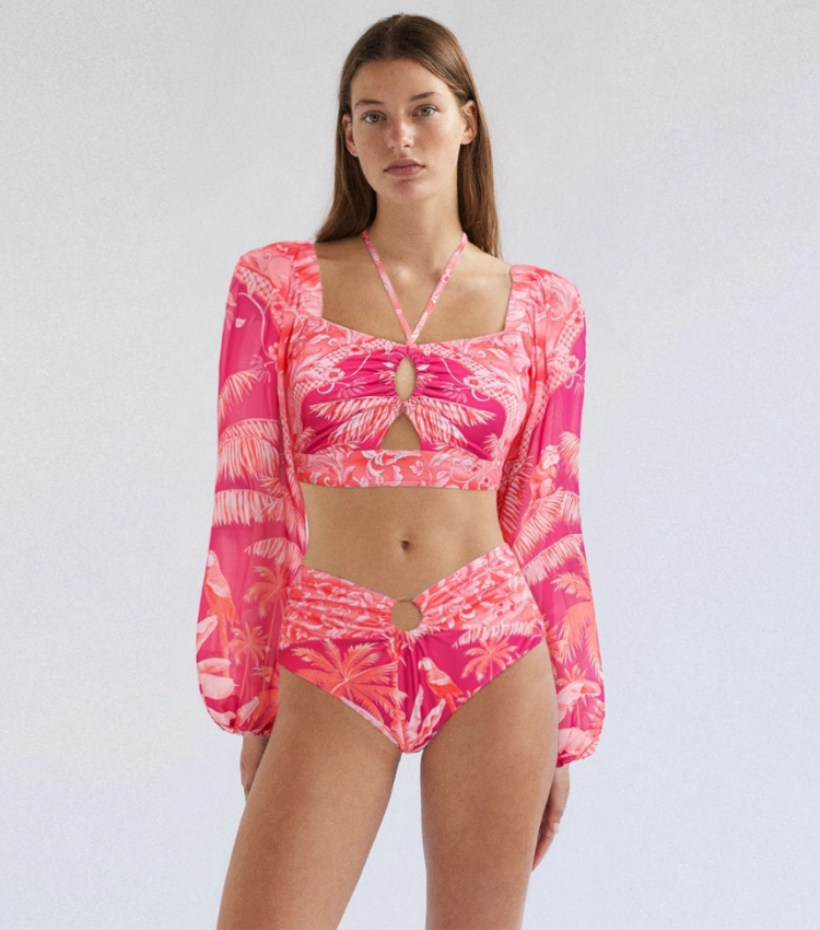 Long-sleeved Tropical Jungle Print Bikini Swimsuit and Sarong Flaxmaker