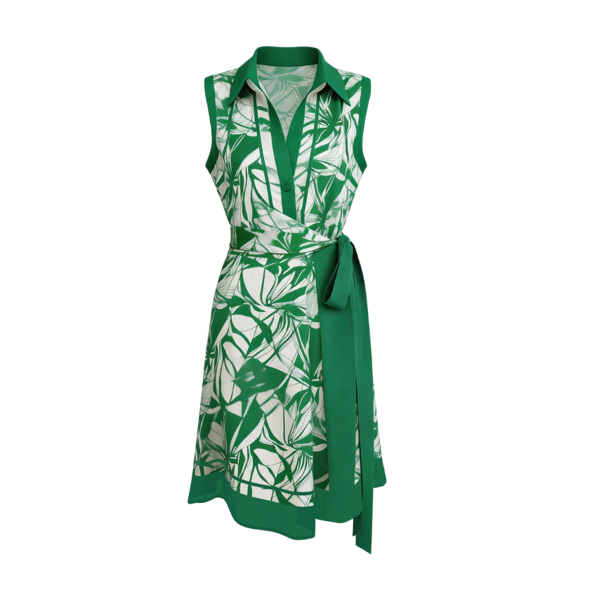 Green Branch Print Collared Wrap Midi Dress