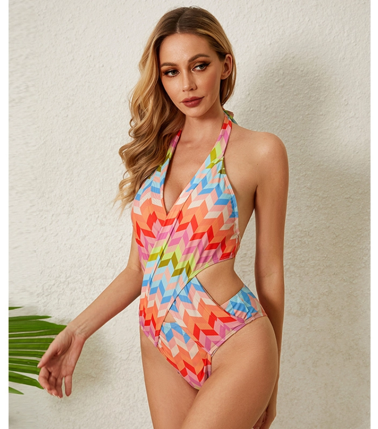Halter Cut Out Printed One Piece Swimsuit and Sarong Flaxmaker