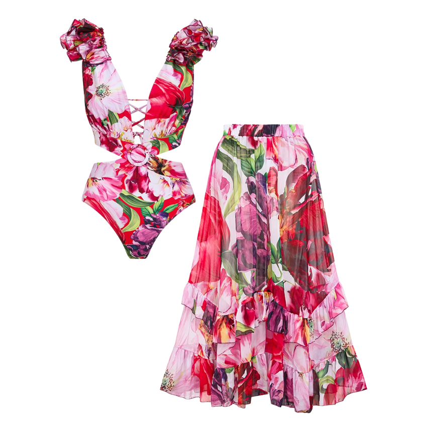 Ruffle Cut Out Floral Printed One Piece Swimsuit and Skirt