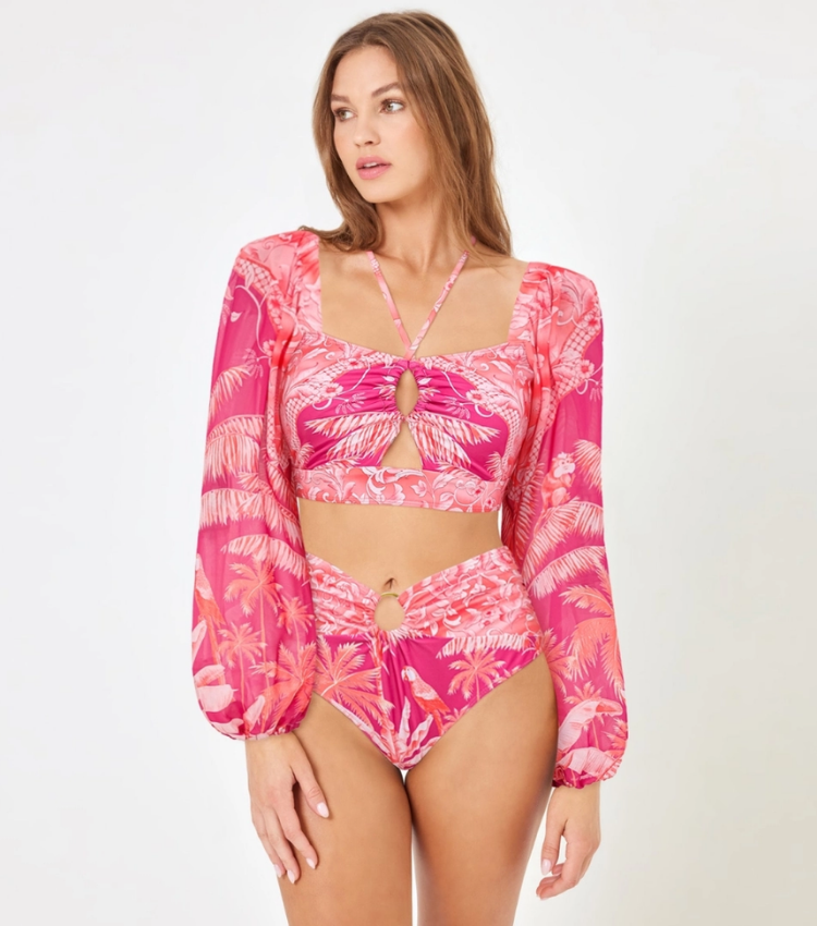 Long-sleeved Tropical Jungle Print Bikini Swimsuit and Sarong Flaxmaker