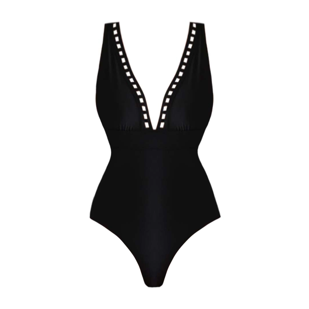 Black Hollow Design V-neck One Piece Swimsuit and Skirt