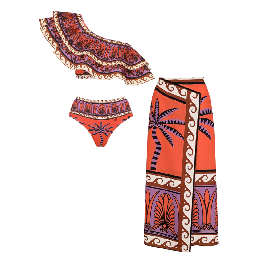 One Shoulder Ruffle Printed Bikini Swimsuit and Skirt Flaxmaker