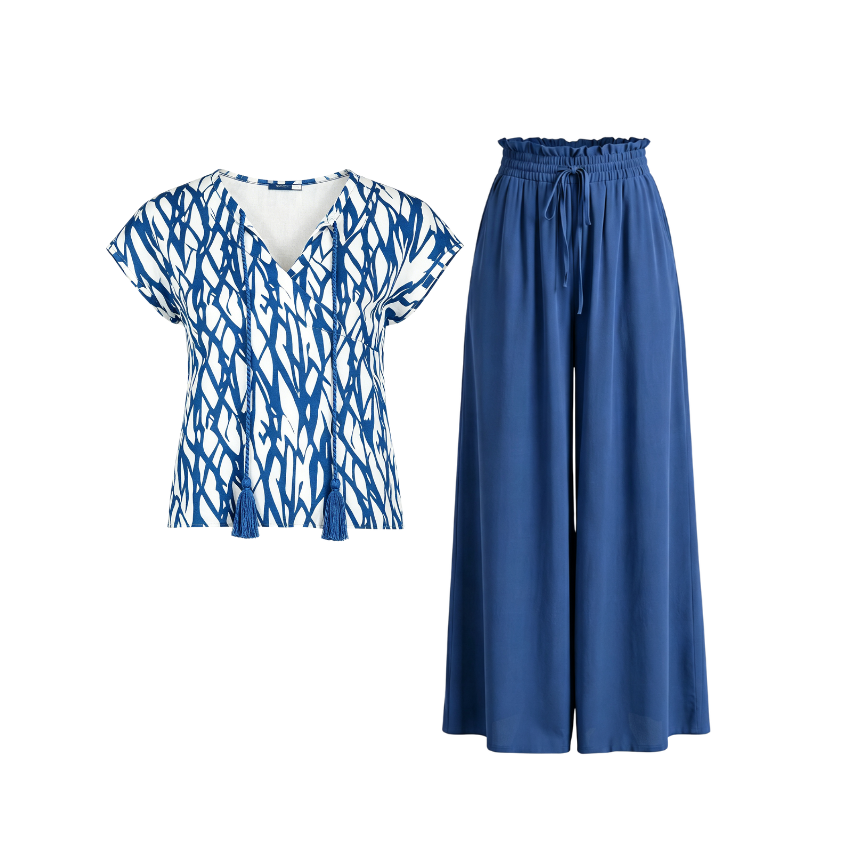 Solid Blue Drawstring Pants & Shorts Set