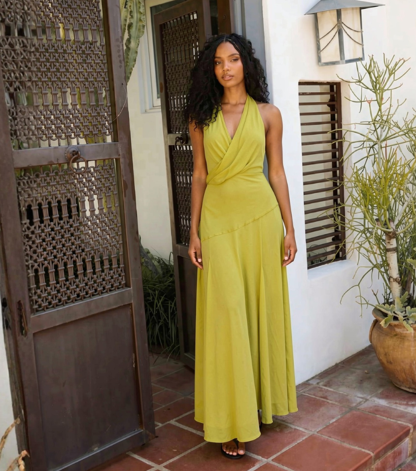 Solid Olive Green Halter Surplice Maxi Dress