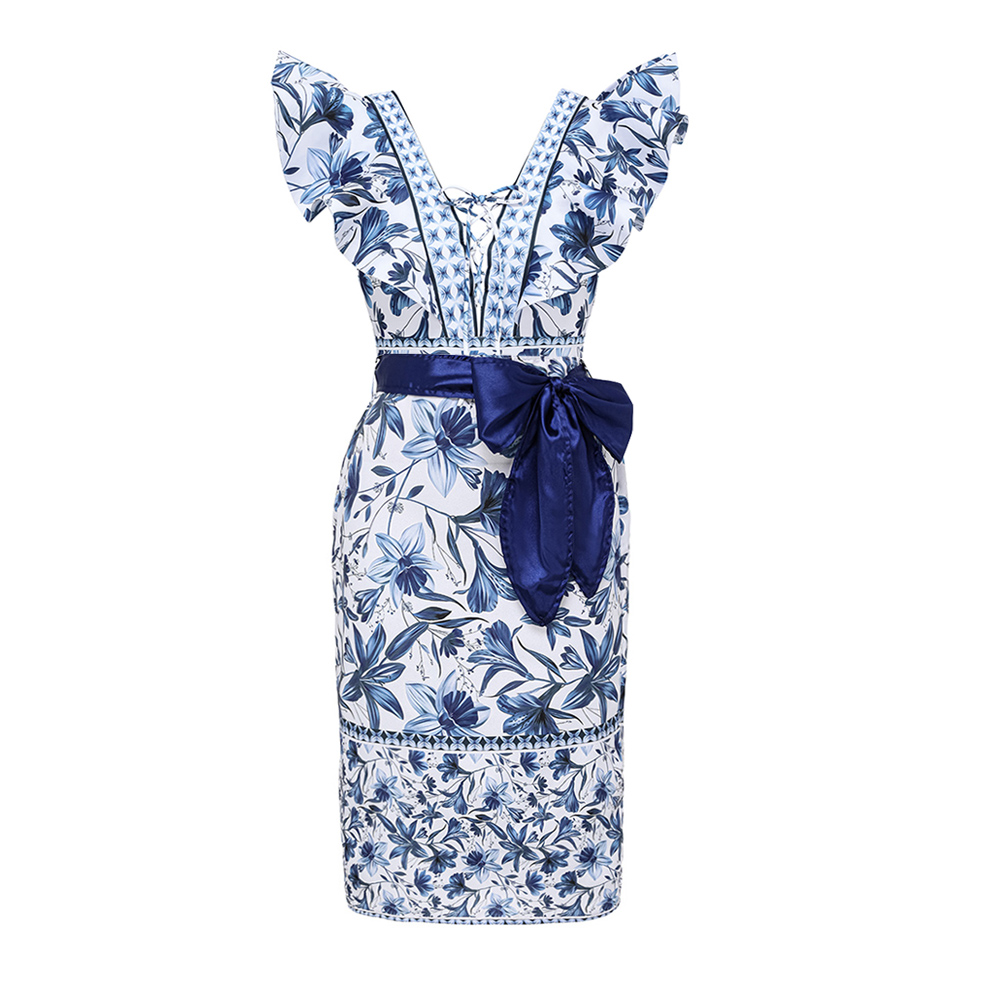 V Neck Ruffle Lace Up Printed One Piece Swimsuit and Skirt