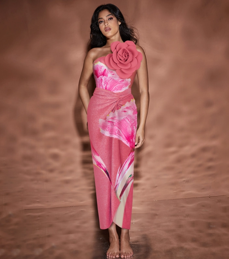 3D Flower Printed One Piece Swimsuit and Skirt