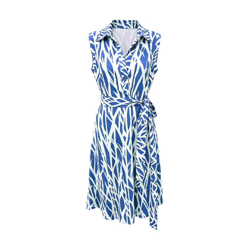 Blue Branch Print Collared Wrap Midi Dress