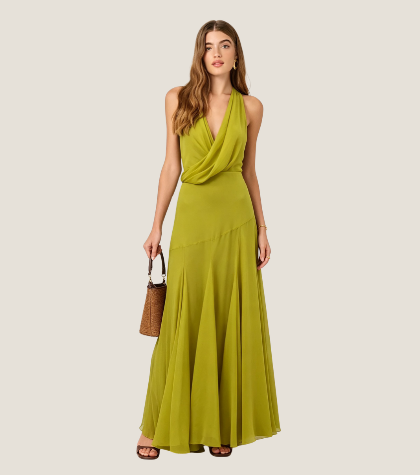 Solid Olive Green Halter Surplice Maxi Dress