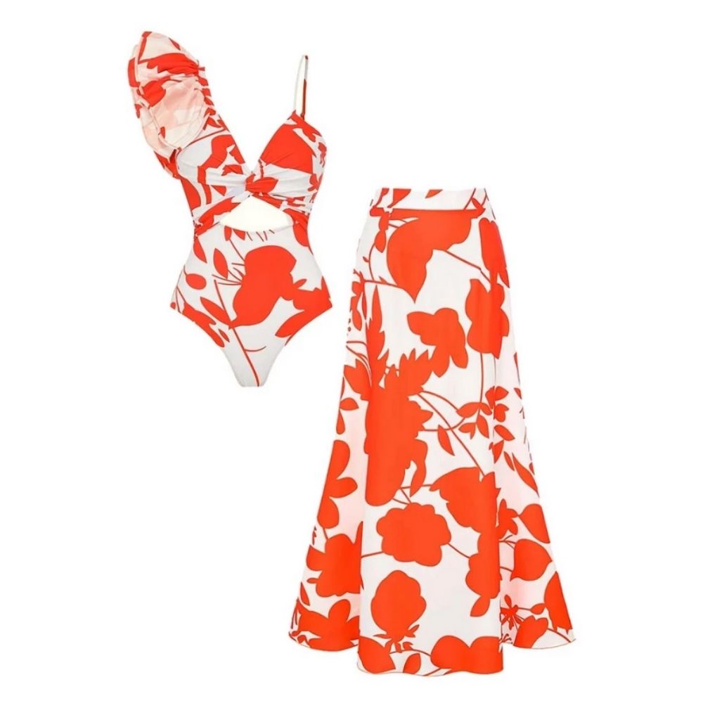 One Shoulder Ruffle Printed One Piece Swimsuit and Skirt