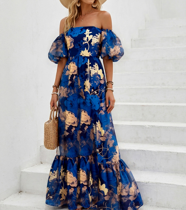 Organza off-the-shoulder printed dress