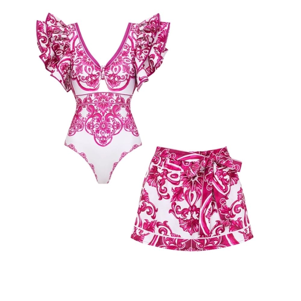 Classic Majolica Series Pattern Print One Piece Swimsuit and Skirt or Shorts