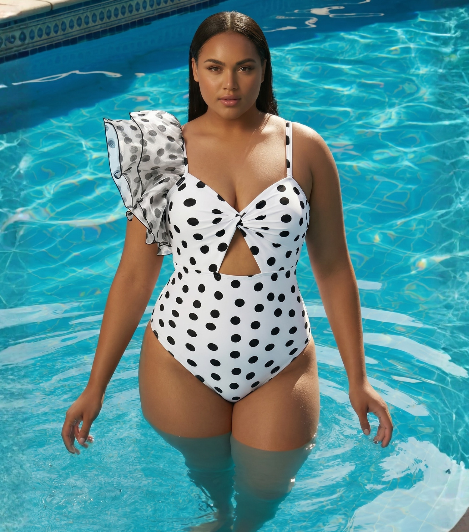Plus Size One Shoulder Ruffle Dot Printed Cut Out One Piece Swimsuit and Skirt Flaxmaker