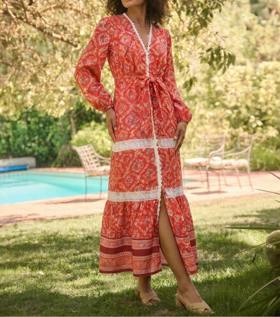 Red Ethnic Geometric Lace Trim Bubble Sleeve Maxi Dress