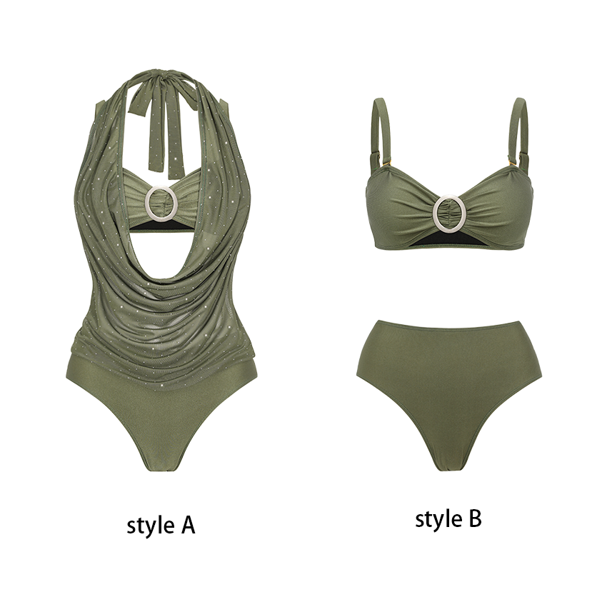 Dark Olive Green Rhinestones Swimsuit Set(s)