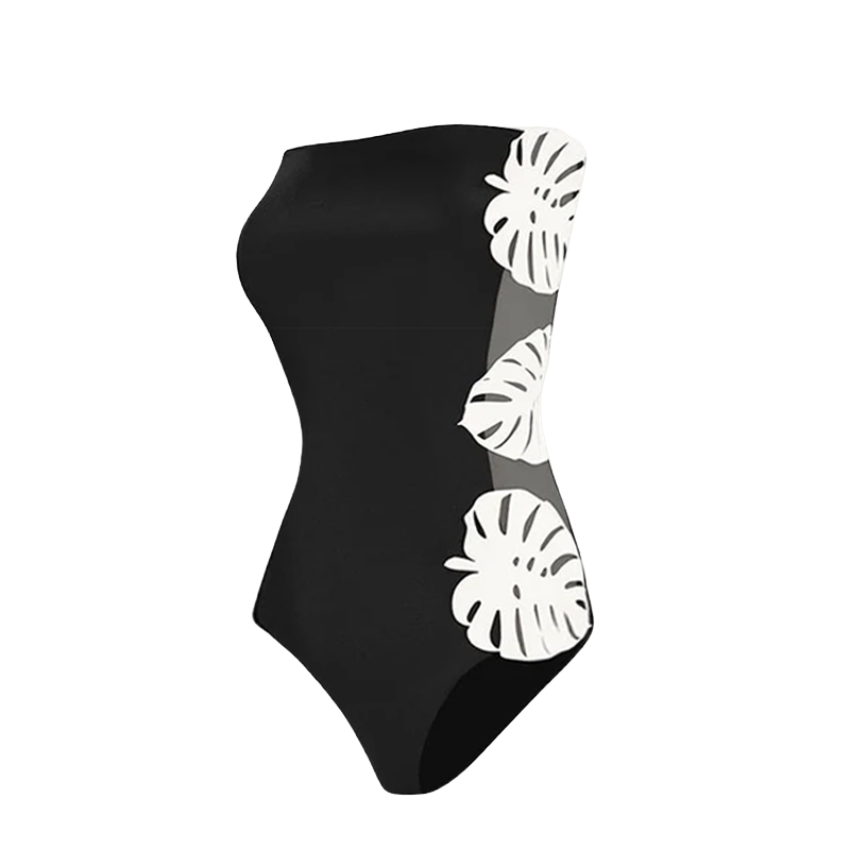 White Hollow out 3D Leaf Black One Piece Swimsuit and Skirt