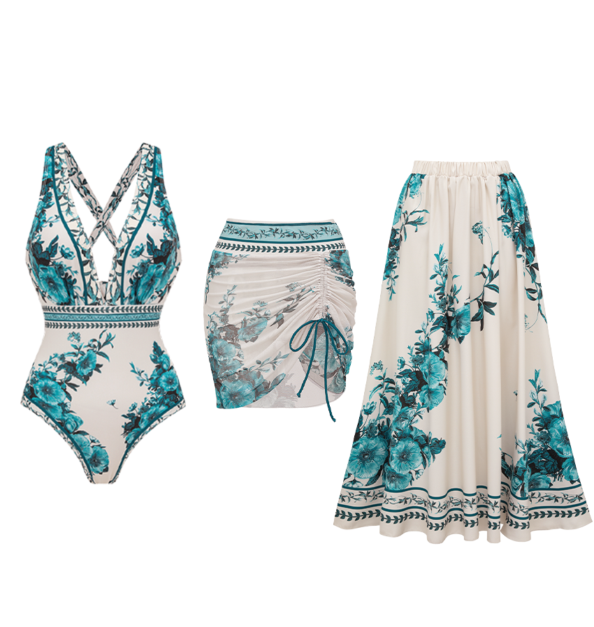 V Neck Dark Cyan Botanical Flower Print Swimsuit Set(s)