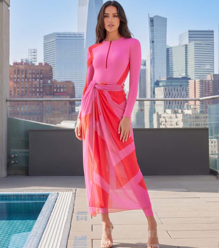 Color Block Long Sleeve Zip Front One Piece Swimsuit and Sarong