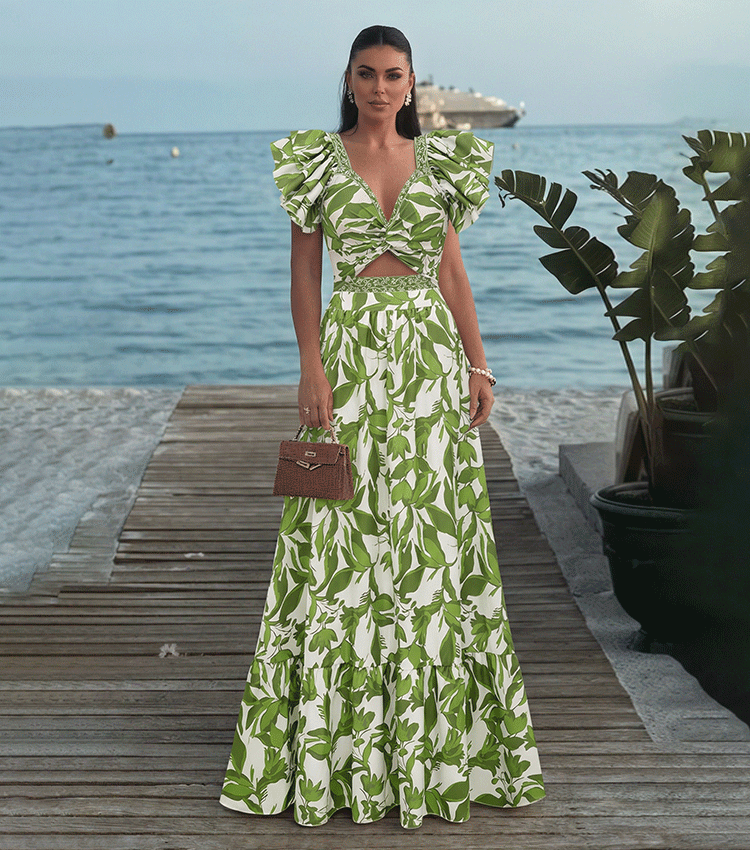 Ruffle V Neck Green Print Cut Out Swimsuit Set(s)