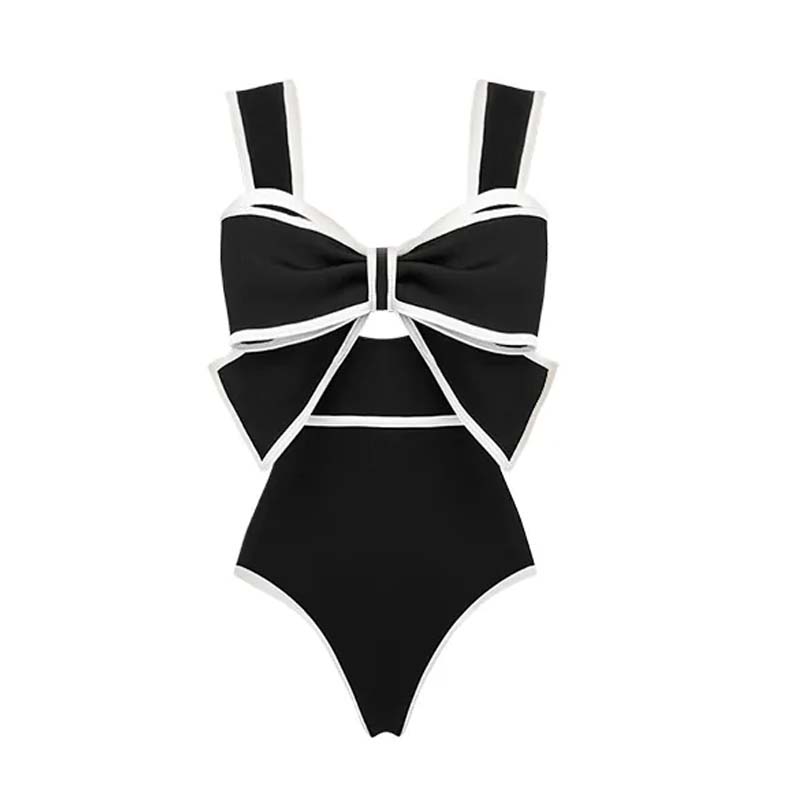 Black and White Bow Decor One Piece Swimsuit and Skirt Flaxmaker