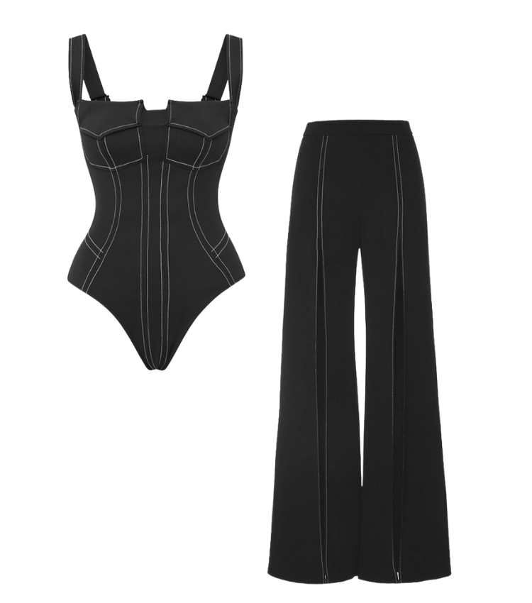 Black Pocket One Piece Swimsuit and Slit Pant Flaxmaker