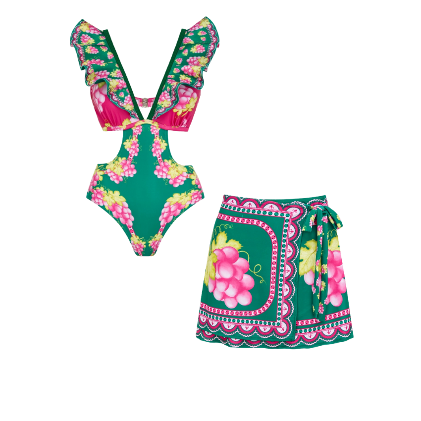 Ruffled Deep V Cutout Retro Green Grapes Print One Piece Swimsuit and Skirt