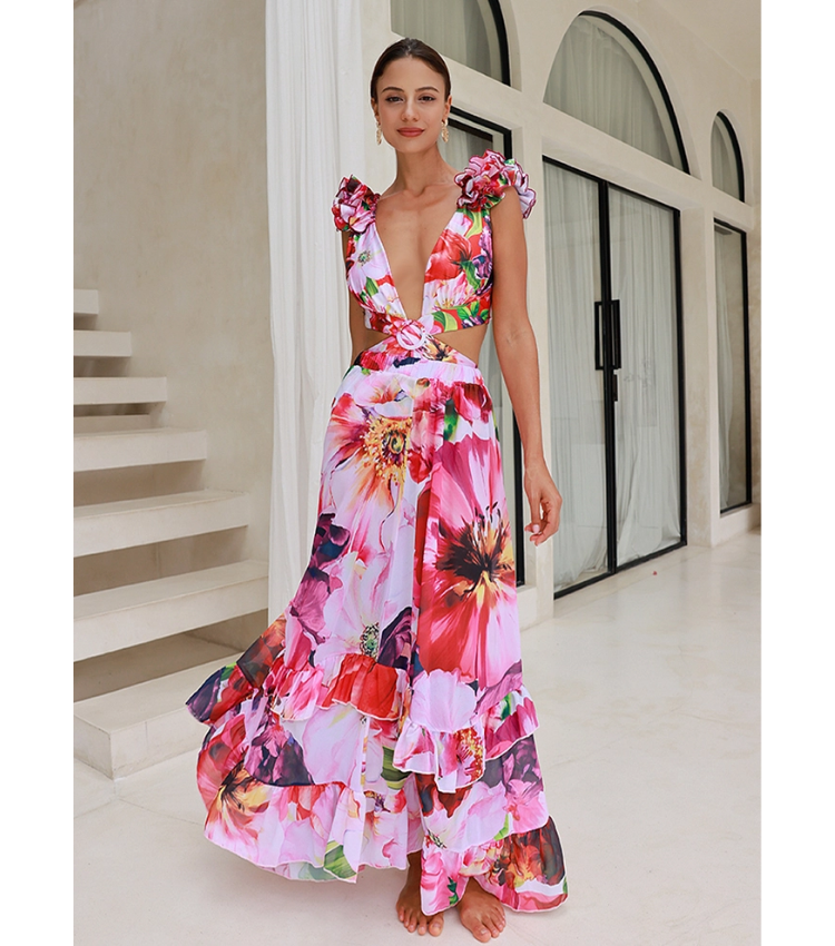 Ruffle Cut Out Floral Printed One Piece Swimsuit and Skirt