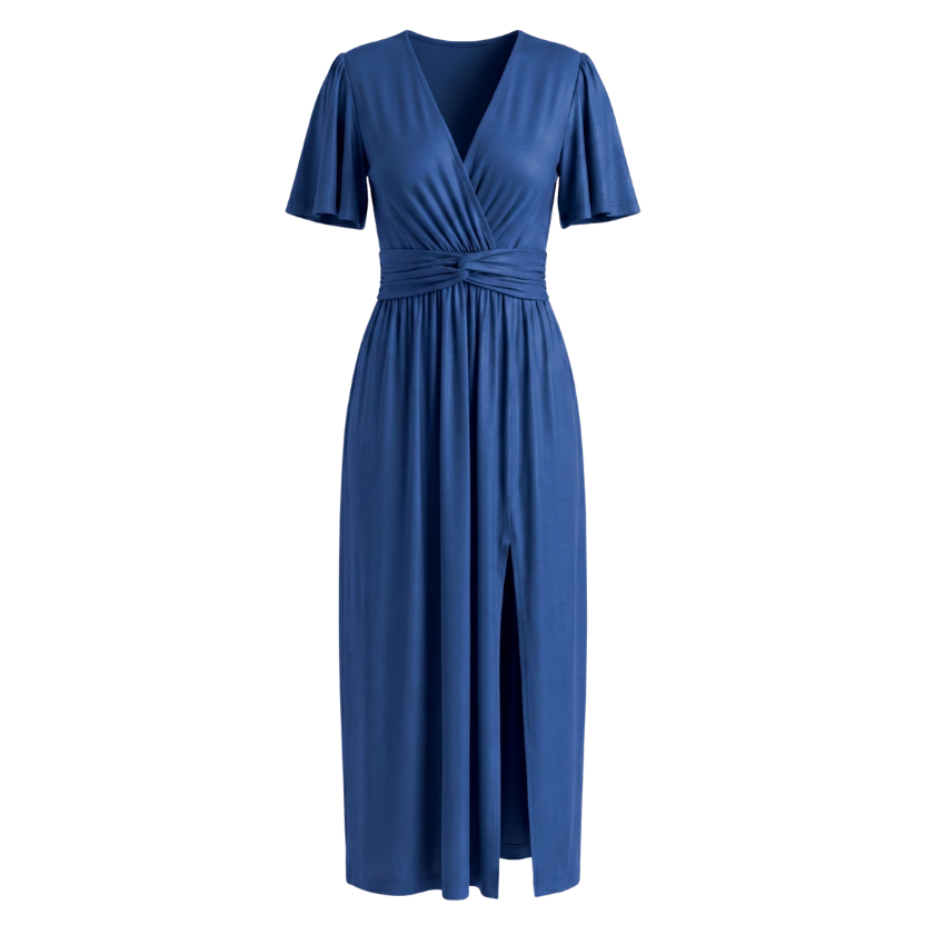 Solid Blue Twist-Waist Slit Midi Dress