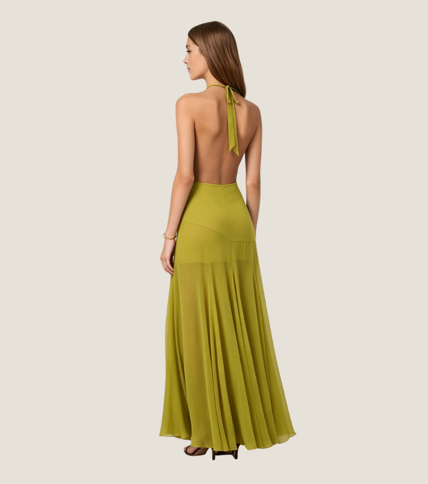 Solid Olive Green Halter Surplice Maxi Dress