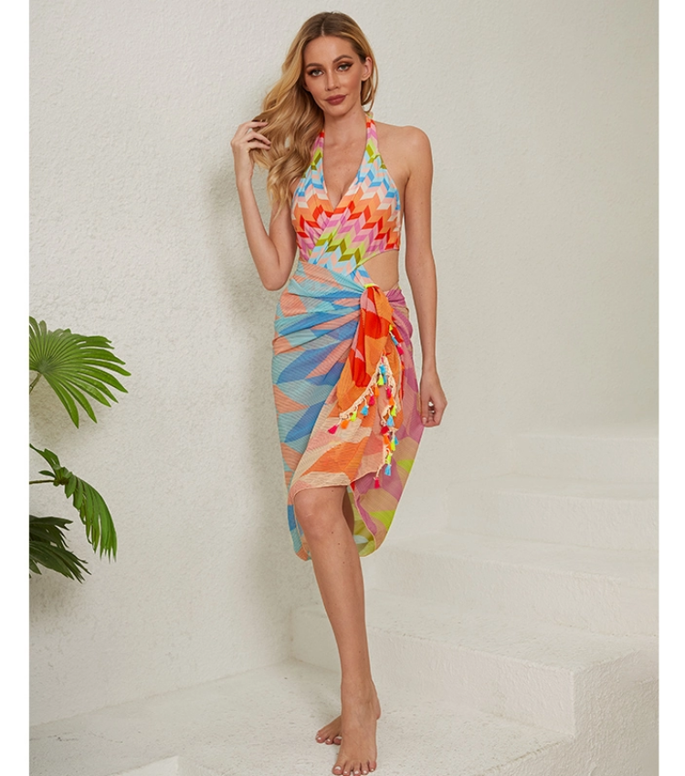 Halter Cut Out Printed One Piece Swimsuit and Sarong Flaxmaker