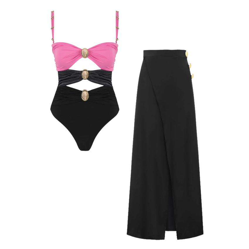 Color Block One Piece Swimsuit And Sarong
