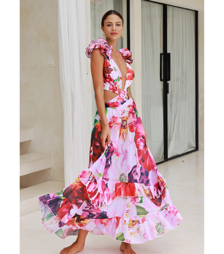 Ruffle Cut Out Floral Printed One Piece Swimsuit and Skirt