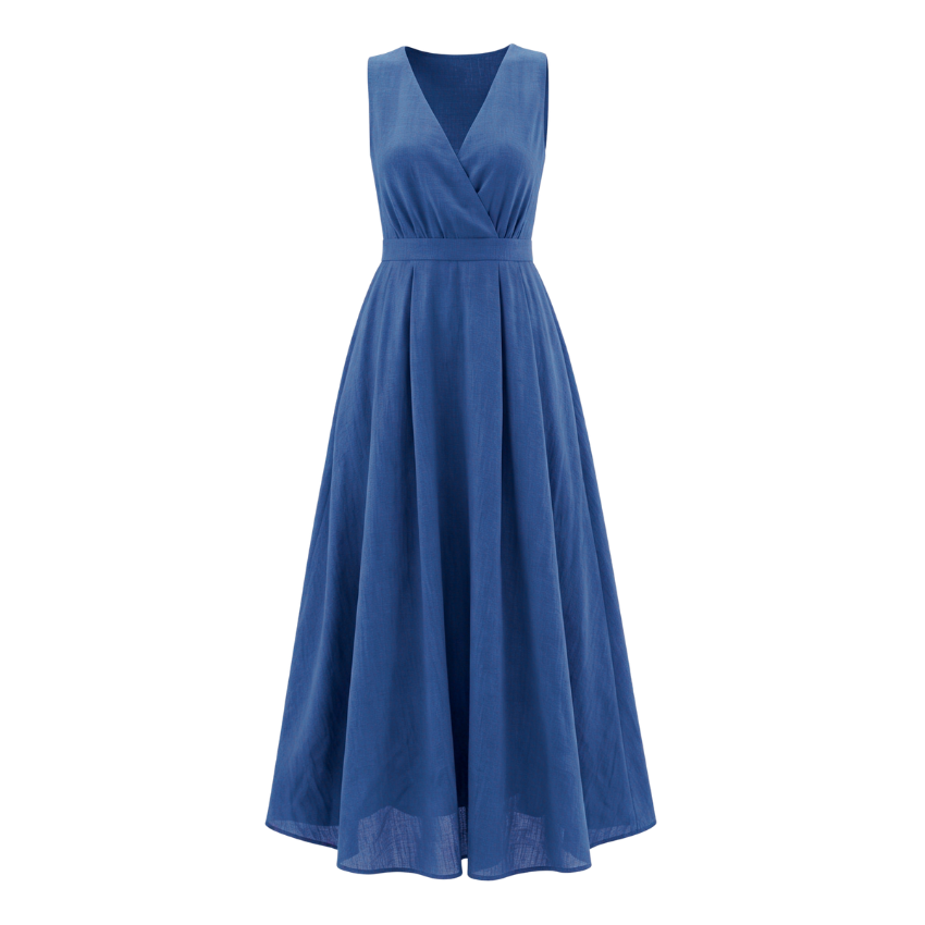 Solid Blue V-Neck A-Line Maxi Dress