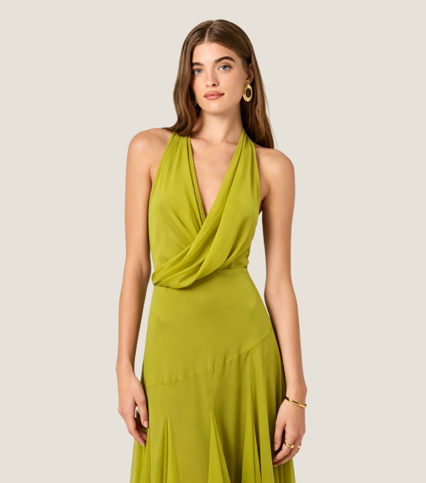 Solid Olive Green Halter Surplice Maxi Dress