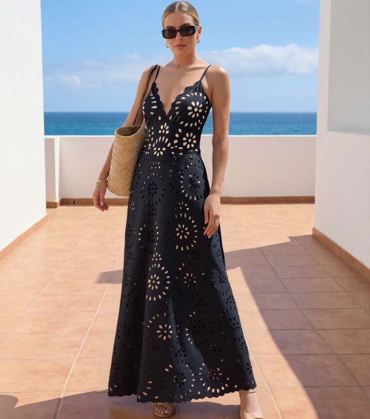 Black Laser Cutting Flower Hollow One Piece Swimsuit and Skirt