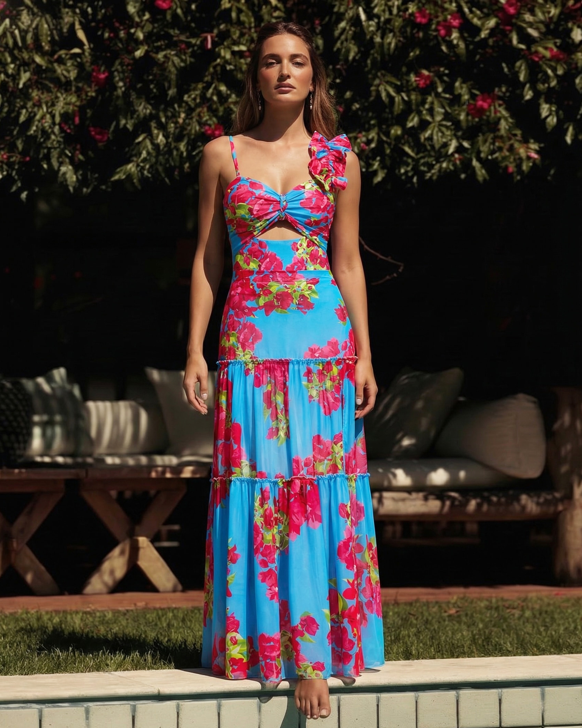 Ruffle Removable Shoulder Strap Pink Bougainvillea Flower Printed One Piece Swimsuit and Skirt Flaxmaker