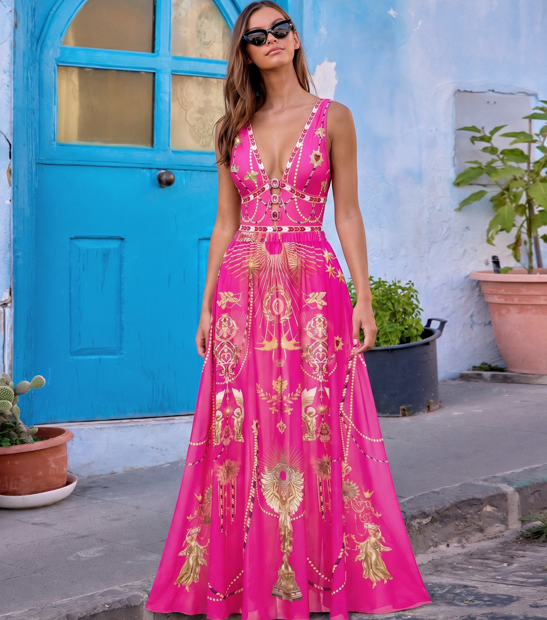 Hollow Metallic Pattern Printing One Piece Swimsuit and Skirt