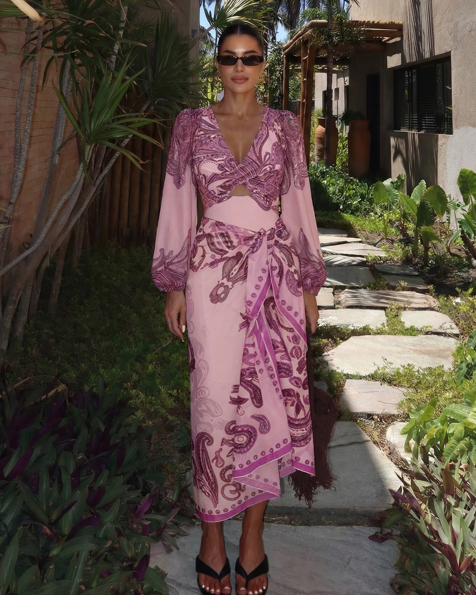 Long Sleeves Cut Out Paisley Print Swimsuit Set(s)