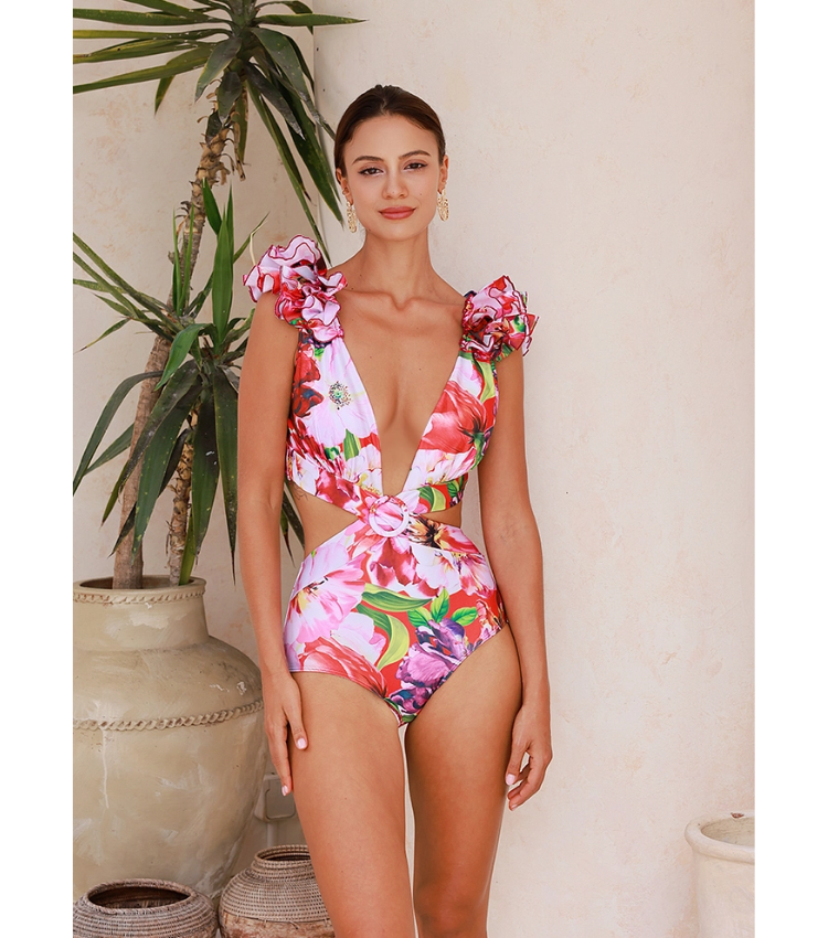 Ruffle Cut Out Floral Printed One Piece Swimsuit and Skirt