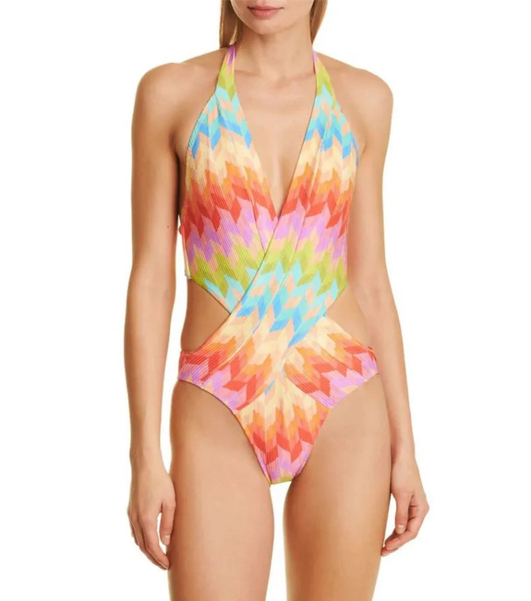 Halter Cut Out Printed One Piece Swimsuit and Sarong Flaxmaker