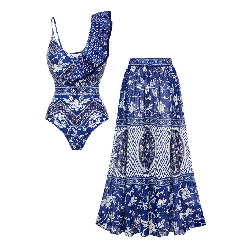 Asymmetrical Ruffle Printed One Piece Swimsuit and Skirt Flaxmaker