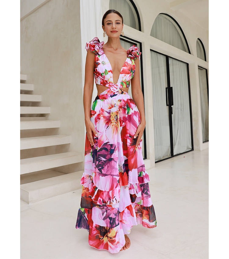 Ruffle Cut Out Floral Printed One Piece Swimsuit and Skirt