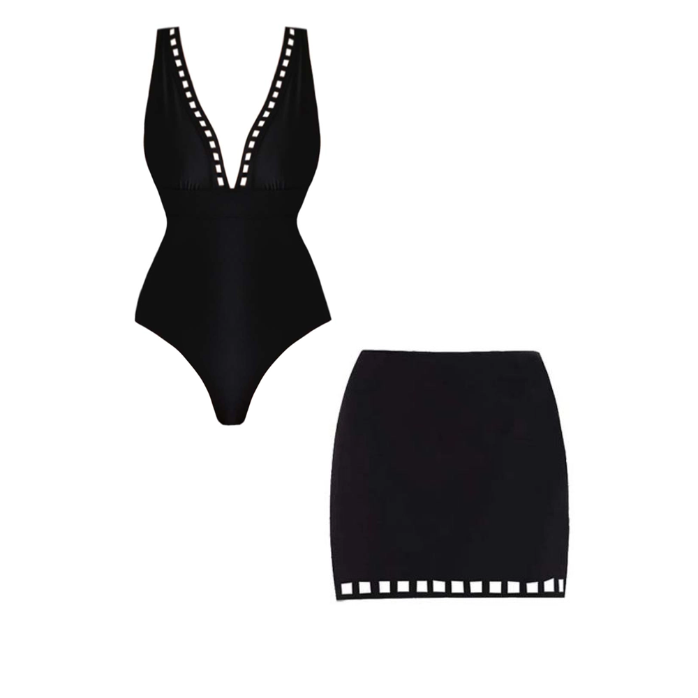 Black Hollow Design V-neck One Piece Swimsuit and Skirt