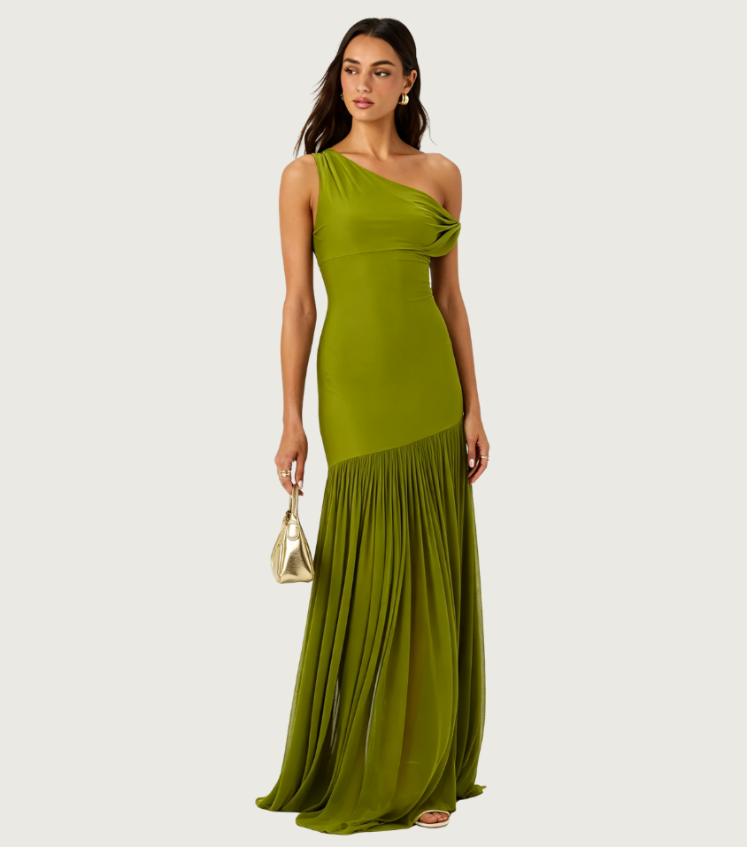 Solid Olive Green One Shoulder Ruched Mermaid Dress