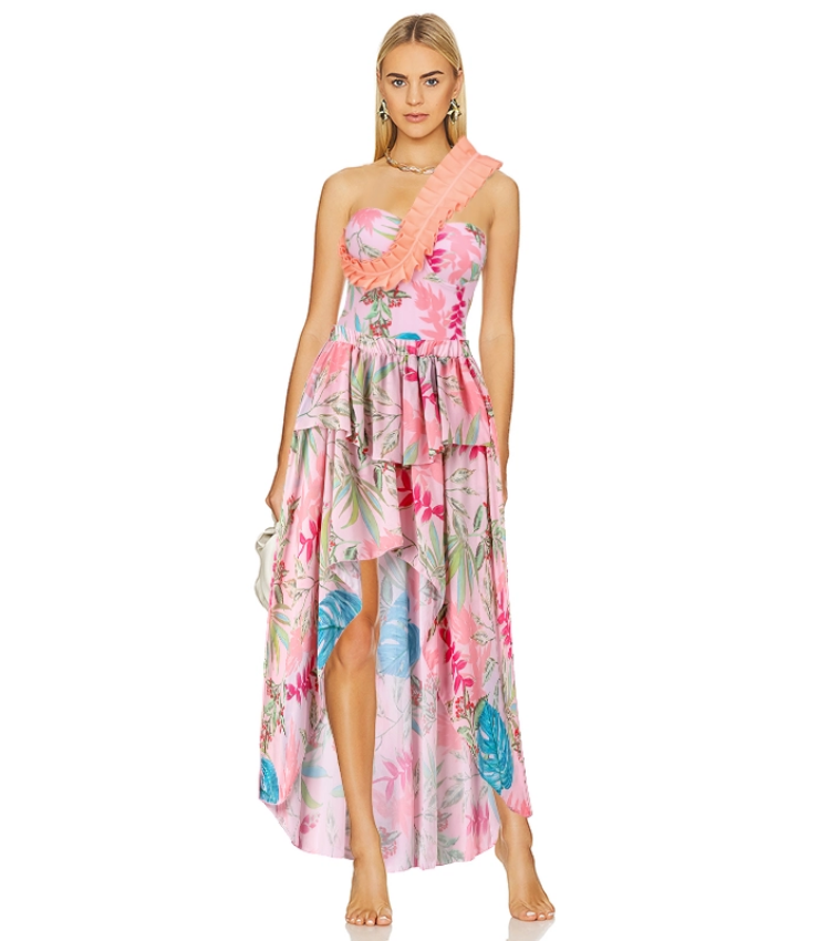 One Shoulder Floral Print One Piece Swimsuit and Skirt Flaxmaker