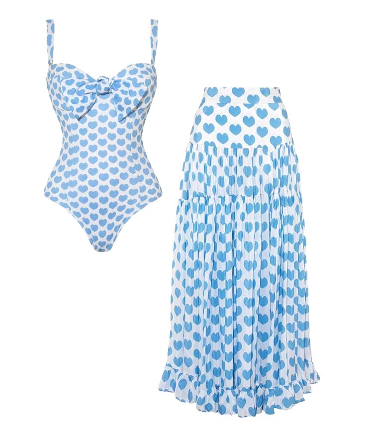 Bowknot Heart Print One Piece Swimsuit and Skirt